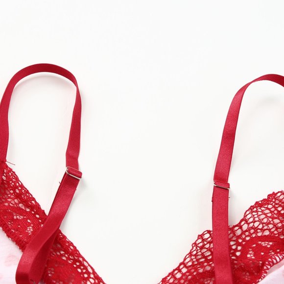 Red Lace Trim Heart Print Valentines Lingerie Set - Picture 9 of 16